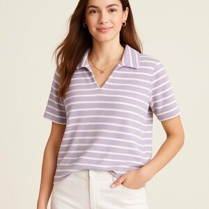 Lands’ End Lavender White Striped Terry Polo Top Size 14-16 L Collared Shirt